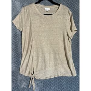 J Jill Love Linen Short Sleeve Top with Side Tie Sz L Tan Coastal Casual Shore